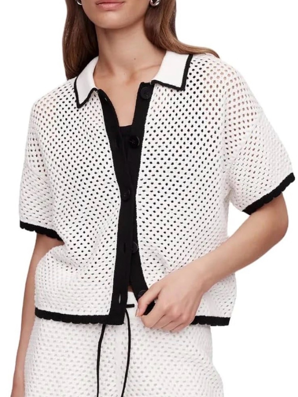 GAP Collared Crochet Short Sleeve Button Cardigan with Black Trim size XL